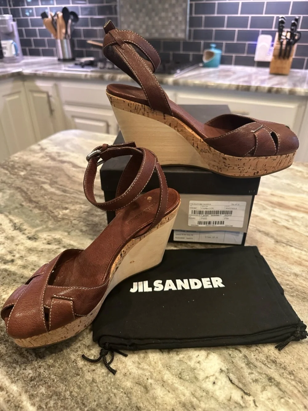 Jil Sander Y2K Leather Cork Wood Wedge Sandals Brown 37.5 Made in Italy